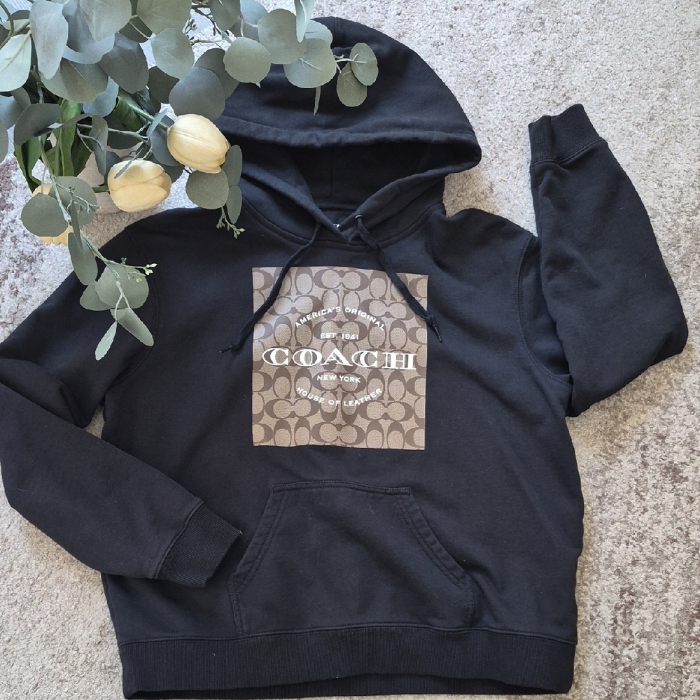 Coach Black Signature Square Hoodie with Brown Logo Panel 100% Cotton C8784 - Picture 2 of 8